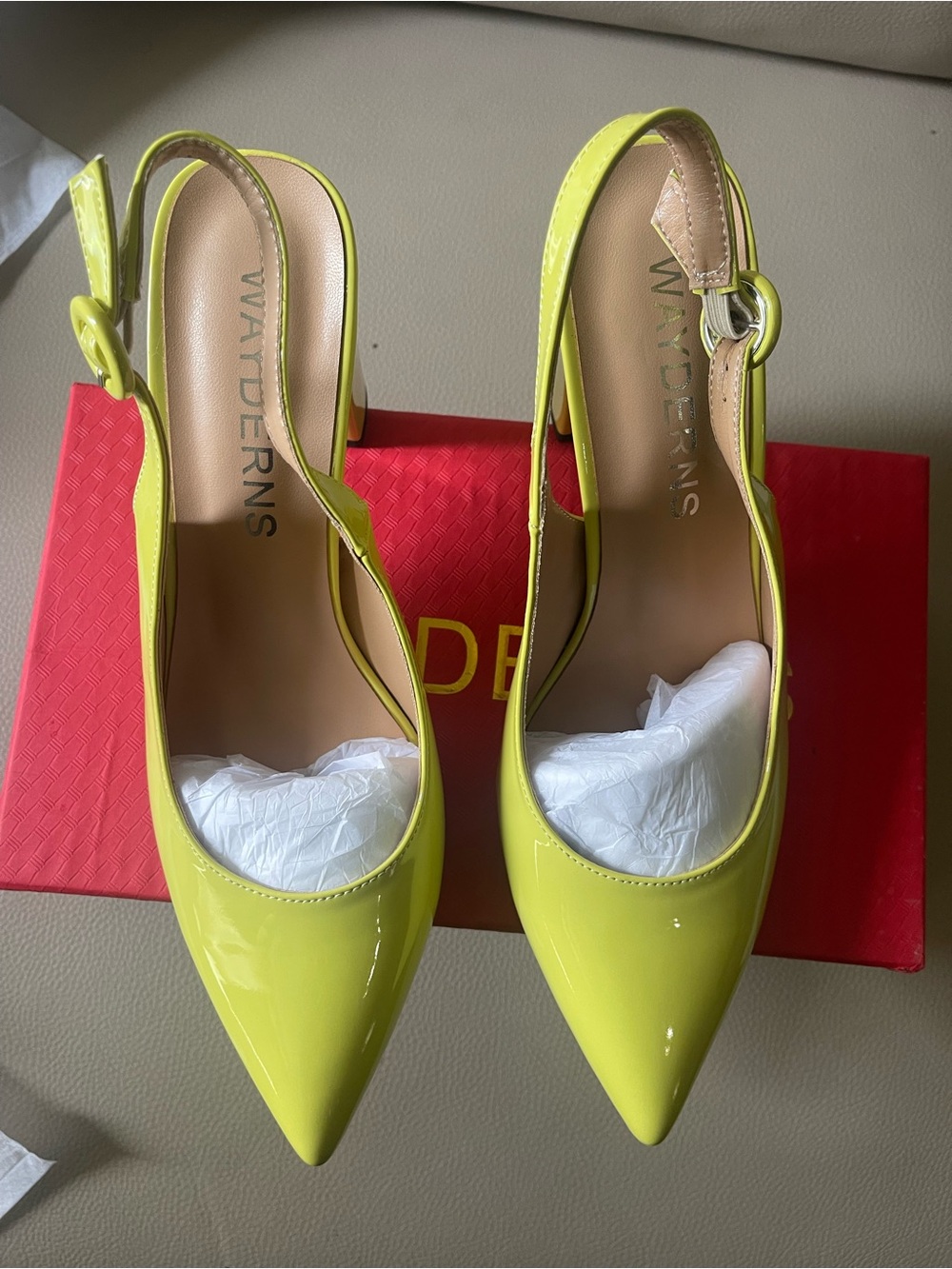 Wayderns Neon Yellow Pointed-Toe Slingback Heels